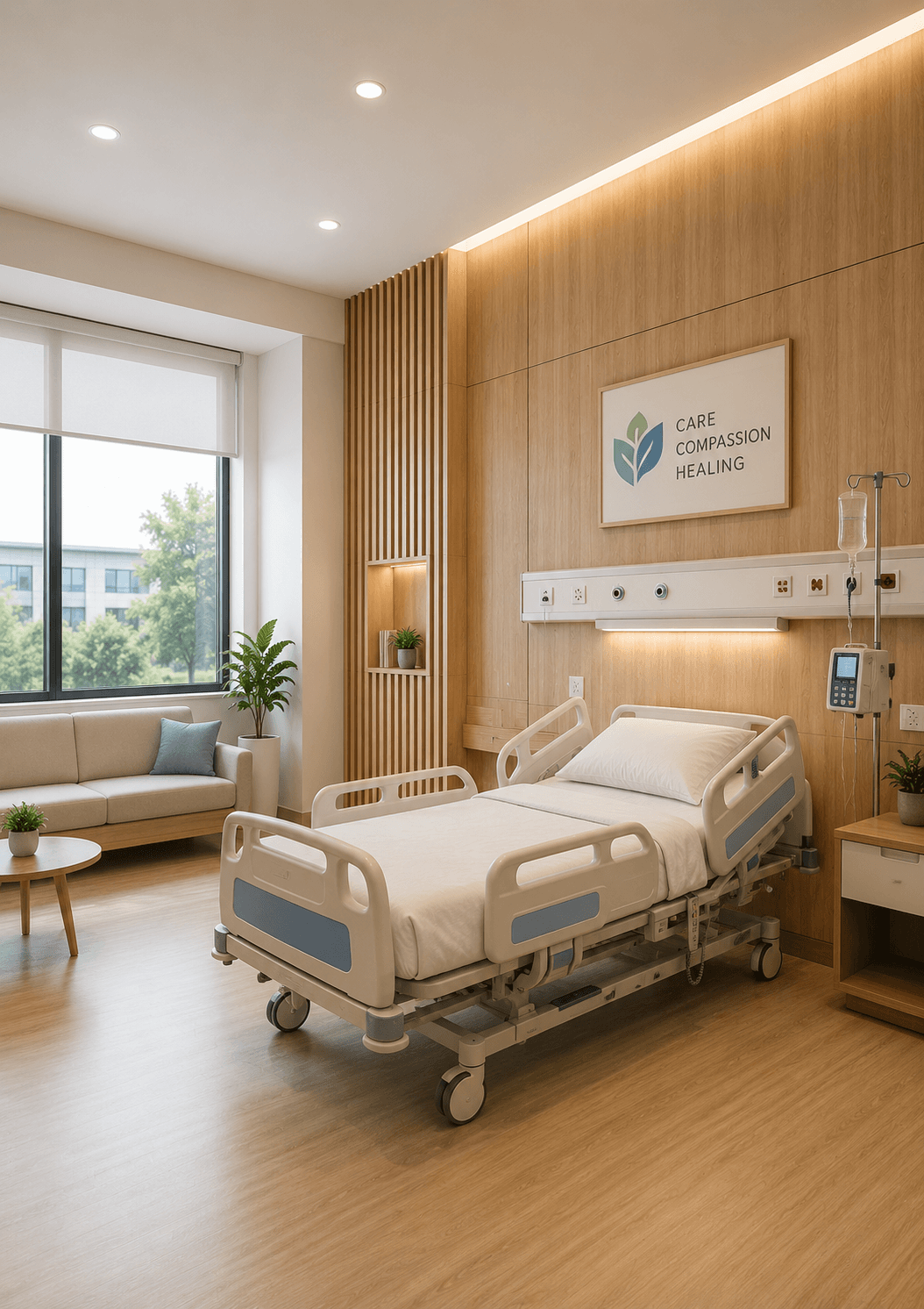 Modern hospital patient room with wood panelling